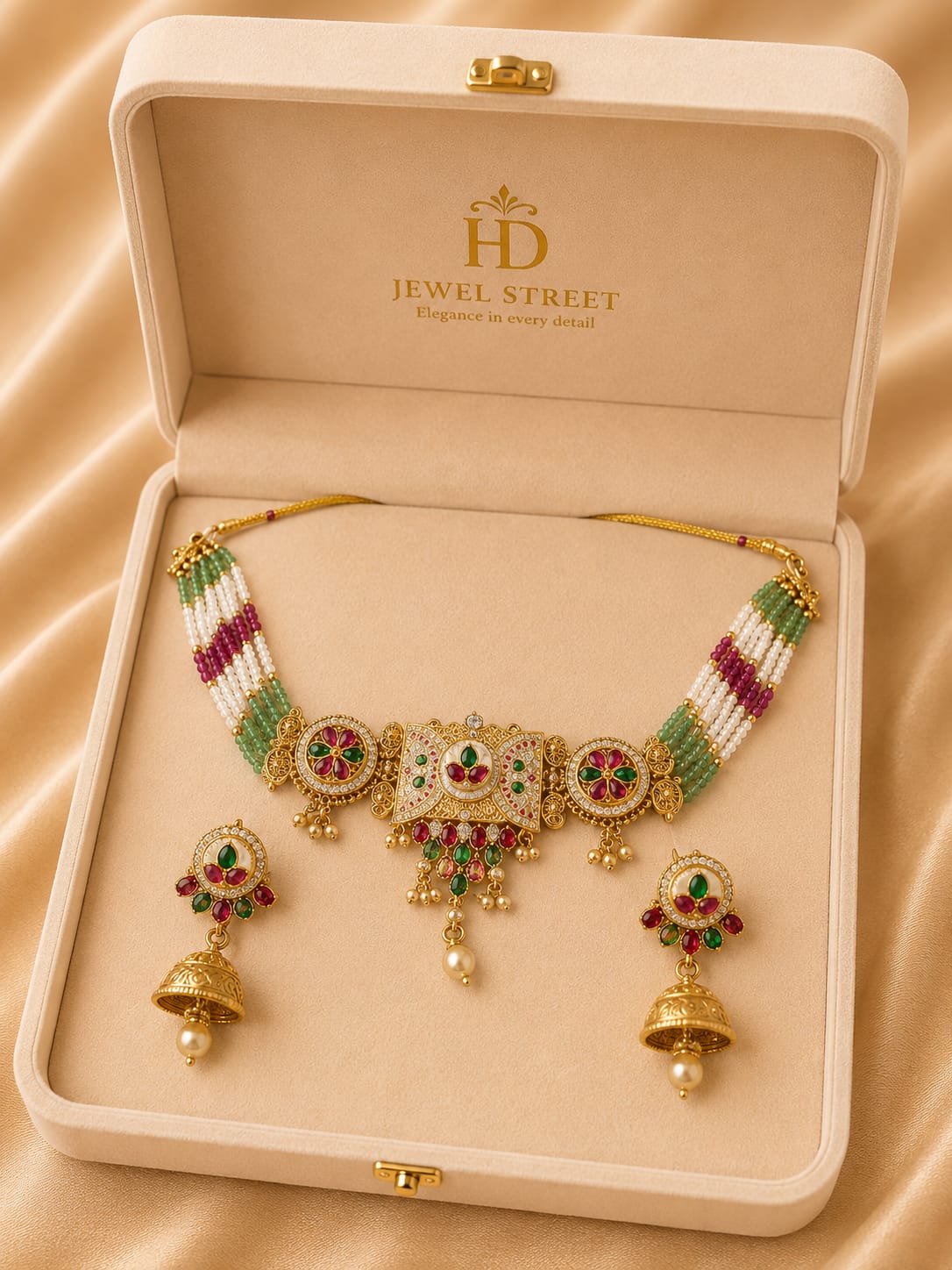 Traditional Kundan Choker Necklace Set with Jhumka Earrings | Gold Finish Bridal Jewelry