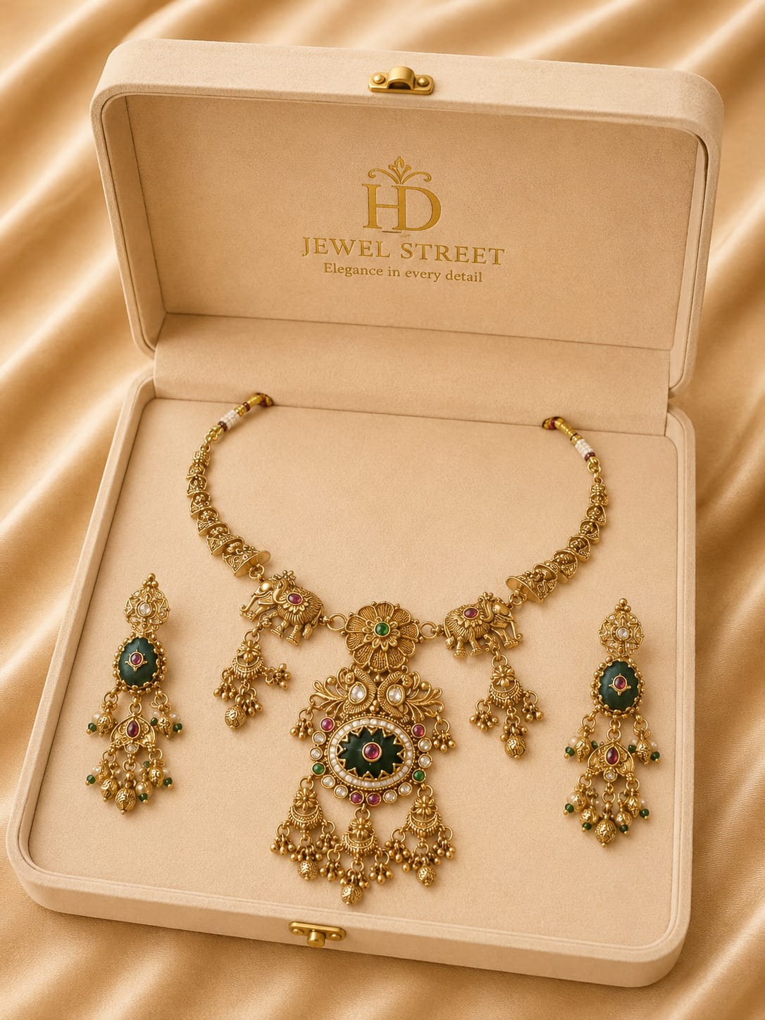 Traditional Antique Temple Necklace Set with Elephant Motif | Gold Finish Jewelry