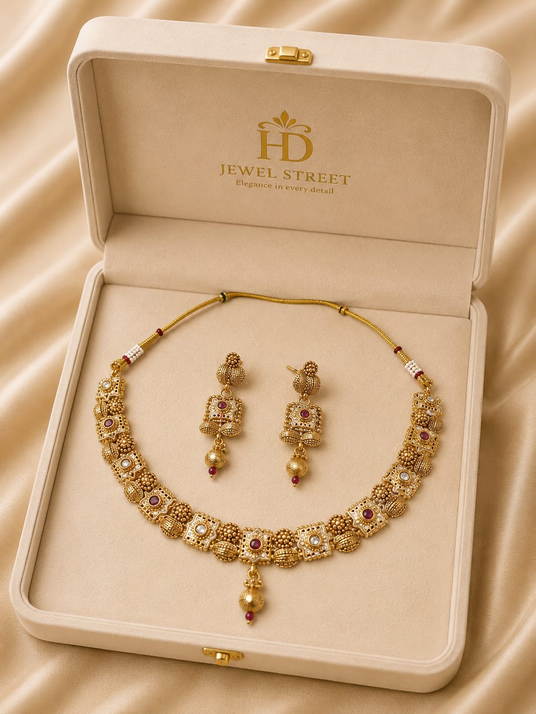 Traditional Antique Gold Choker Necklace Set with Matching Earrings | Designer Ethnic Jewelry for Women