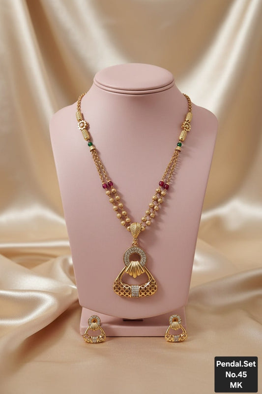 Royal Dual-Layer Temple Pendant Necklace Set with AD Stones