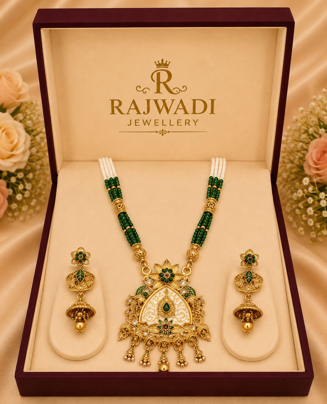 Traditional Green Beaded Pendant Necklace Set with Jhumka Earrings | Premium Gold Finish Ethnic Jewelry