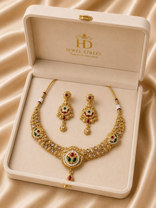Traditional Kundan Choker Necklace Set with Matching Earrings | Premium Gold Finish Bridal Jewelry