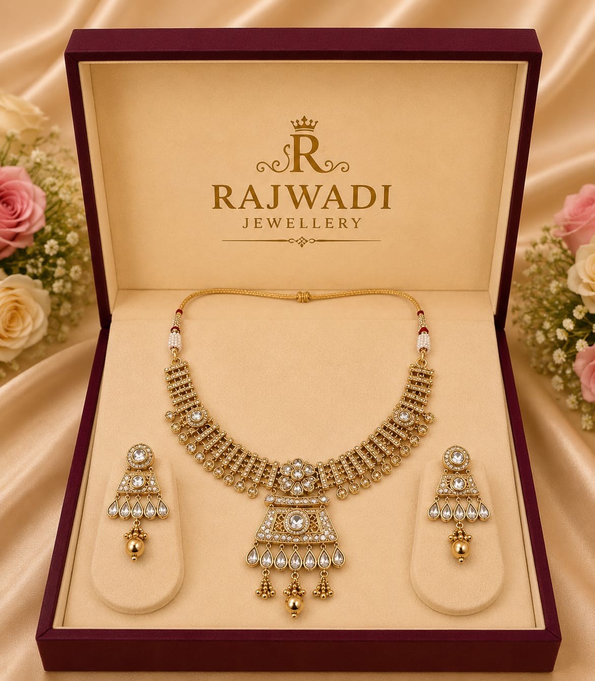 Royal Kundan Necklace Set with Pearl Drop Earrings | Premium Gold Finish Bridal Jewelry