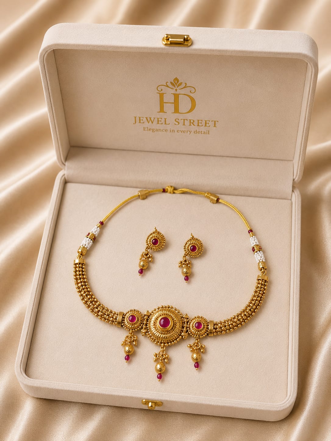 Rajwadi Premium Kundan Necklace Set with Earrings – Red & White Traditional Bridal Jewellery