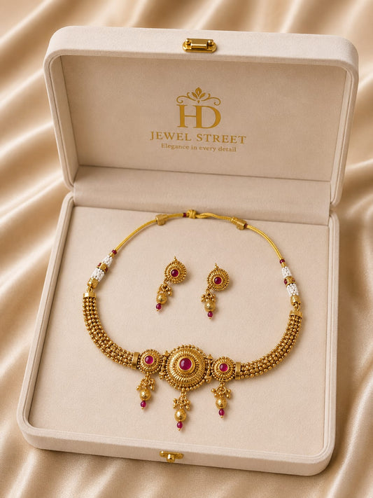 Rajwadi Premium Kundan Necklace Set with Earrings – Red & White Traditional Bridal Jewellery