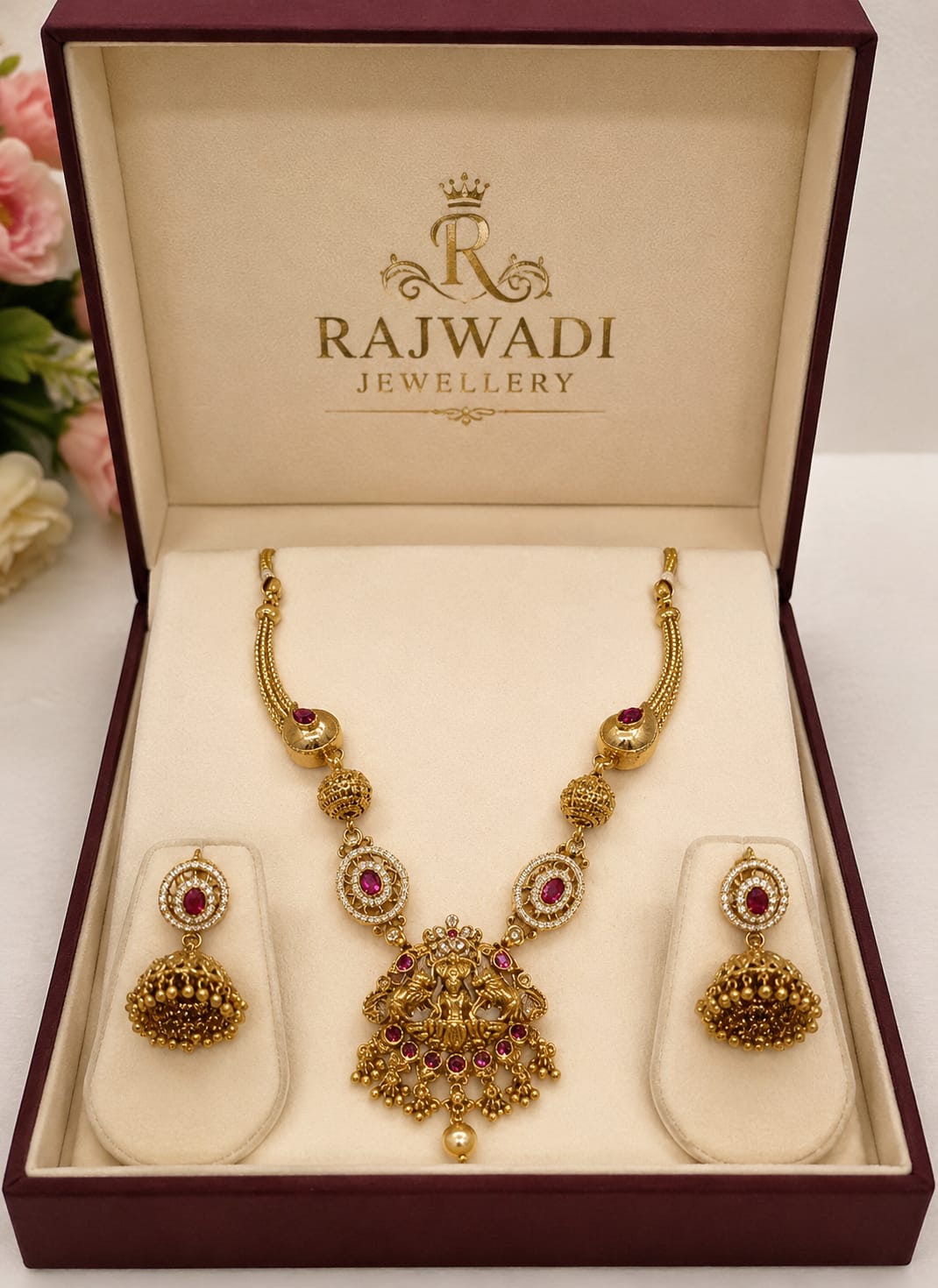 Rajwadi Lakshmi Temple Necklace Set with Jhumka Earrings – Premium Gold-Plated Traditional Jewellery