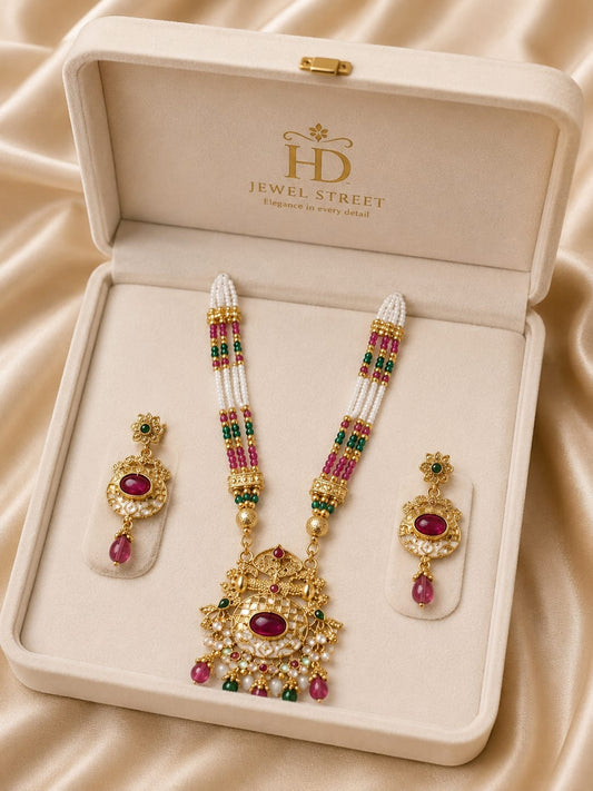 HD Jewel Street Premium Pearl Beaded Pendant Necklace Set with Earrings – Traditional Gold-Plated Jewellery