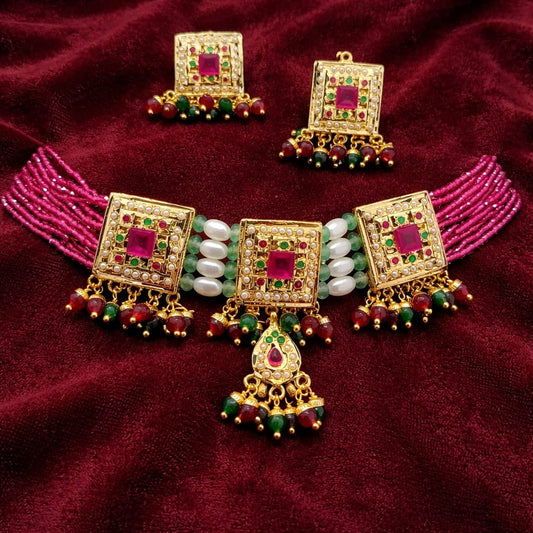 Maroon kundan choker necklace set with matching earrings
