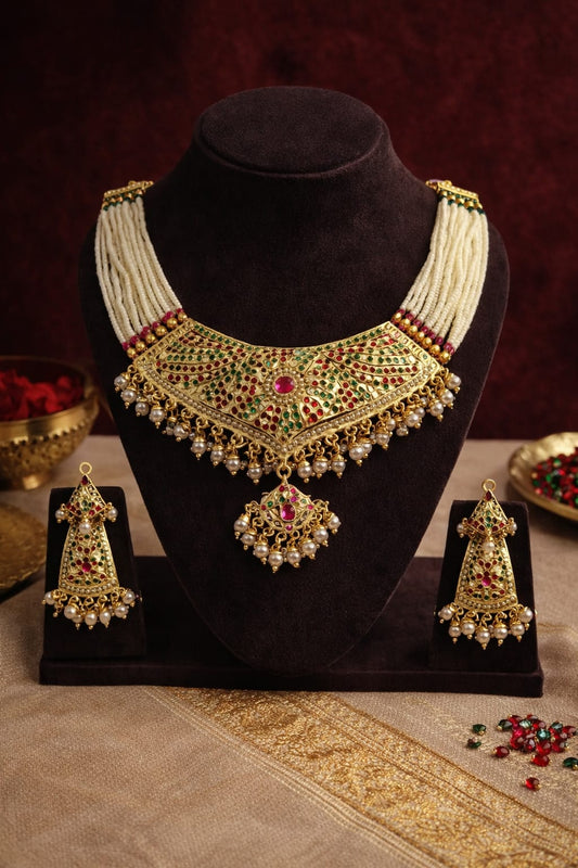Royal kundan pearl bridal necklace set with matching earrings