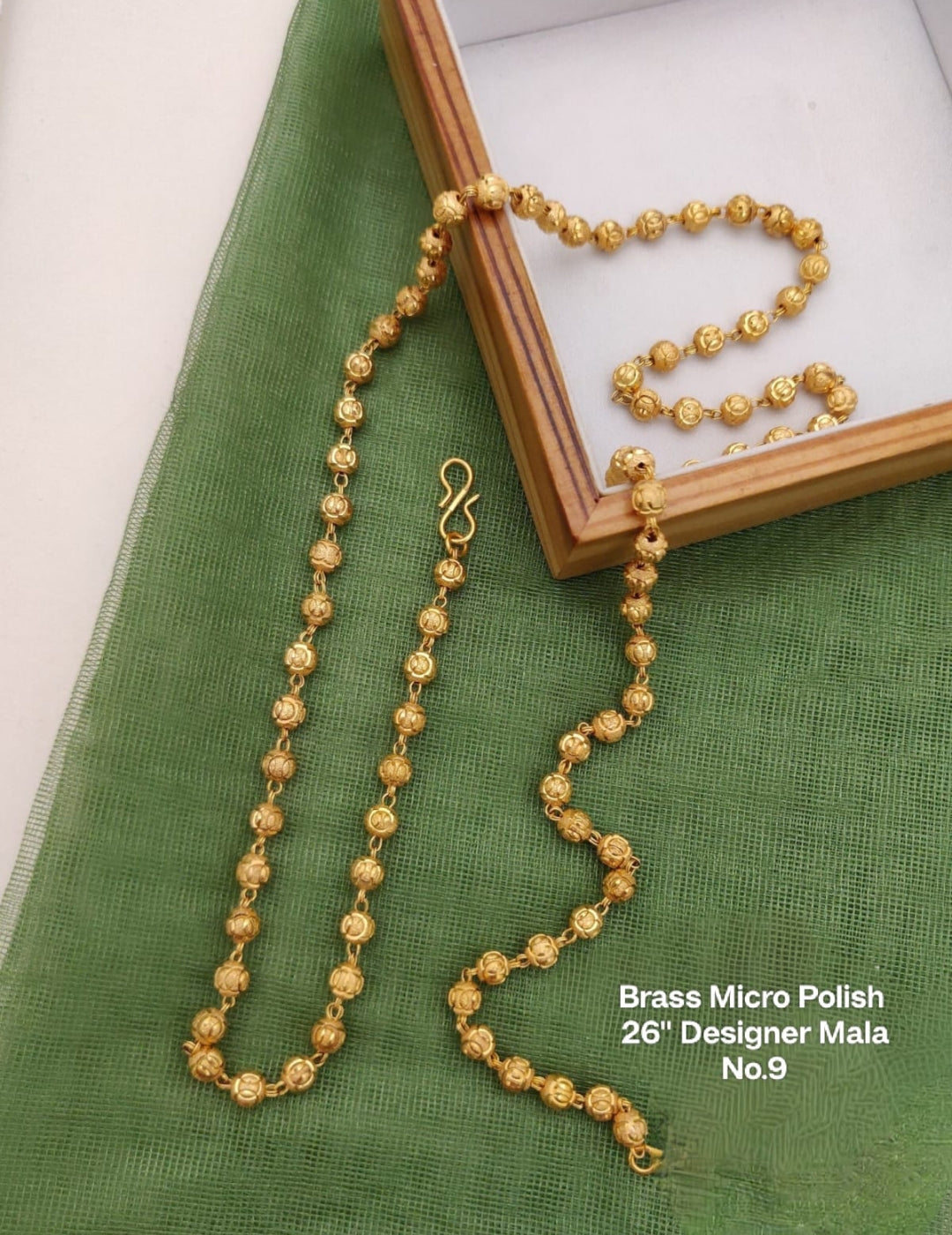 Brass micro polish 26 inch designer mala with gold toned beads
